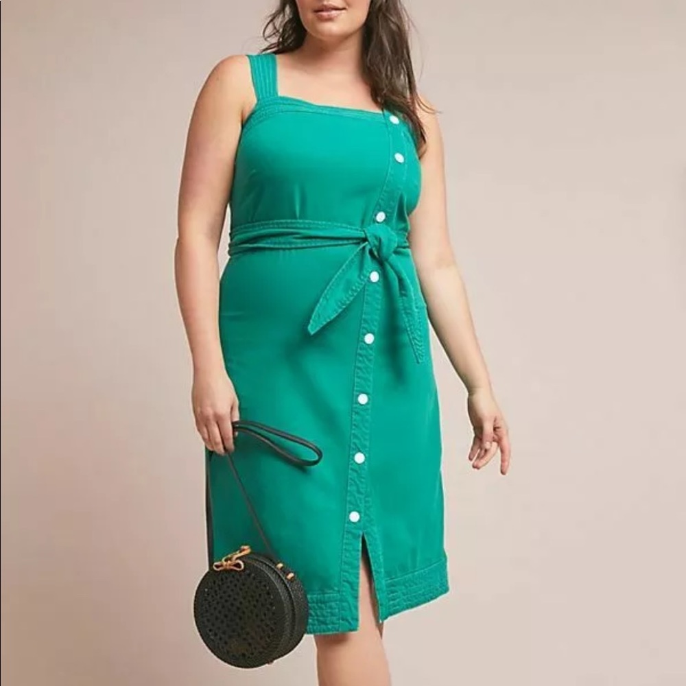Anthropologie Green Tie-Waist Button-Front Midi Dress - Picture 5 of 6